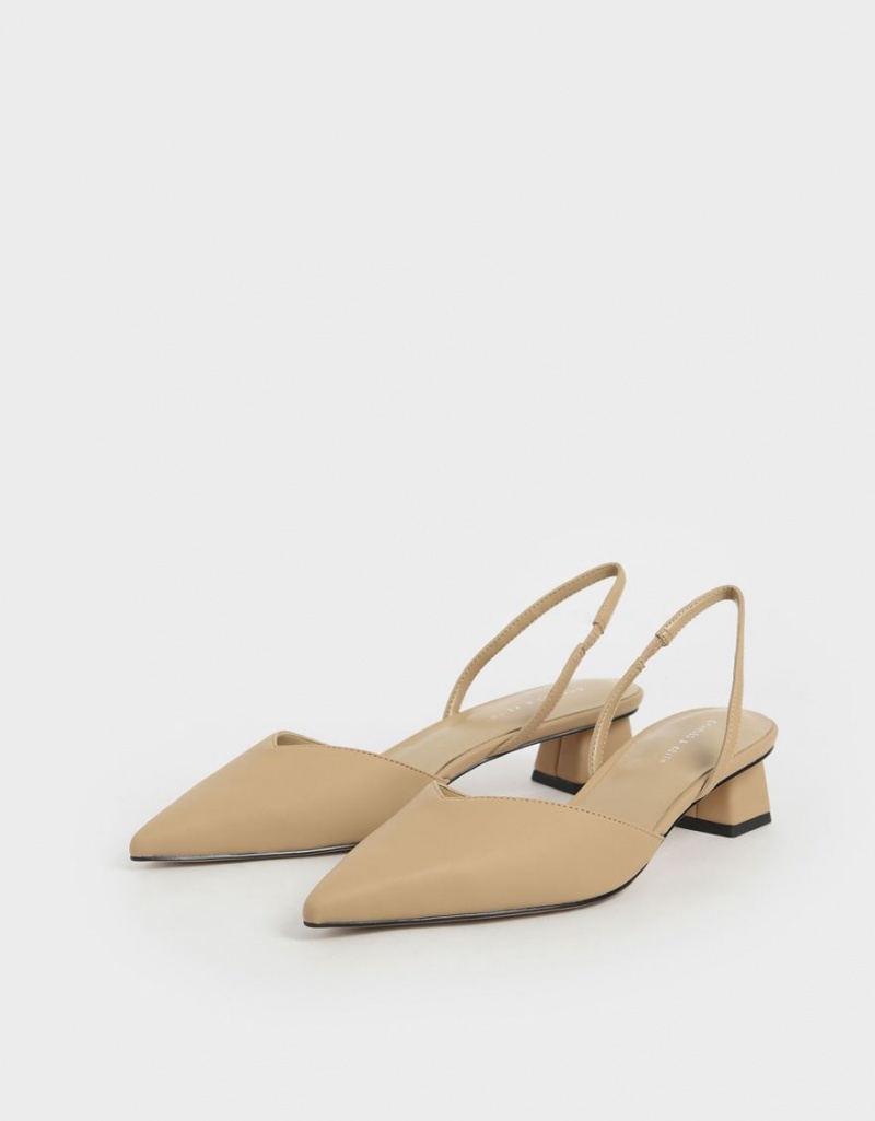 Charles & Keith Trapeze Heel Slingback Pumps Beige | 467PWGQDT