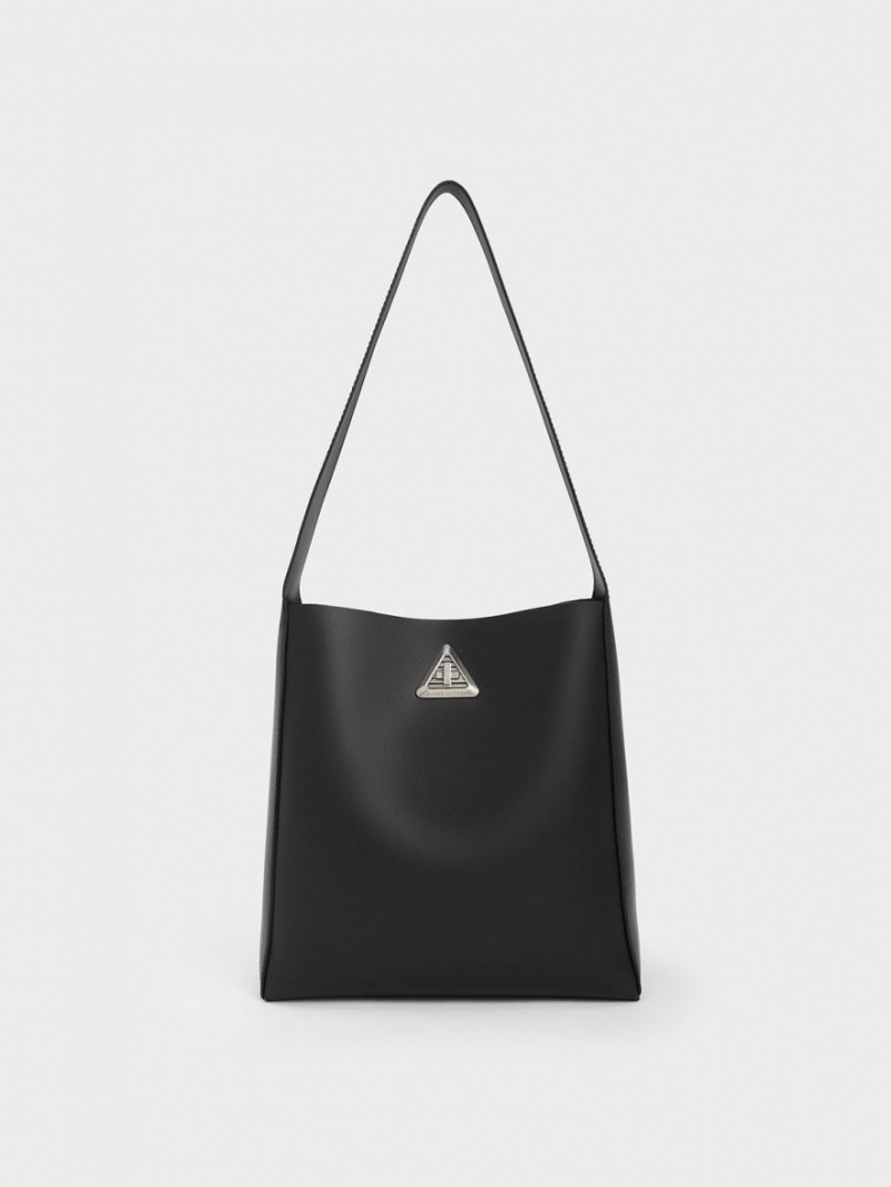 Charles & Keith Trice Metallic Accent Large Hobo Tasche Schwarz | 049WTCZIL