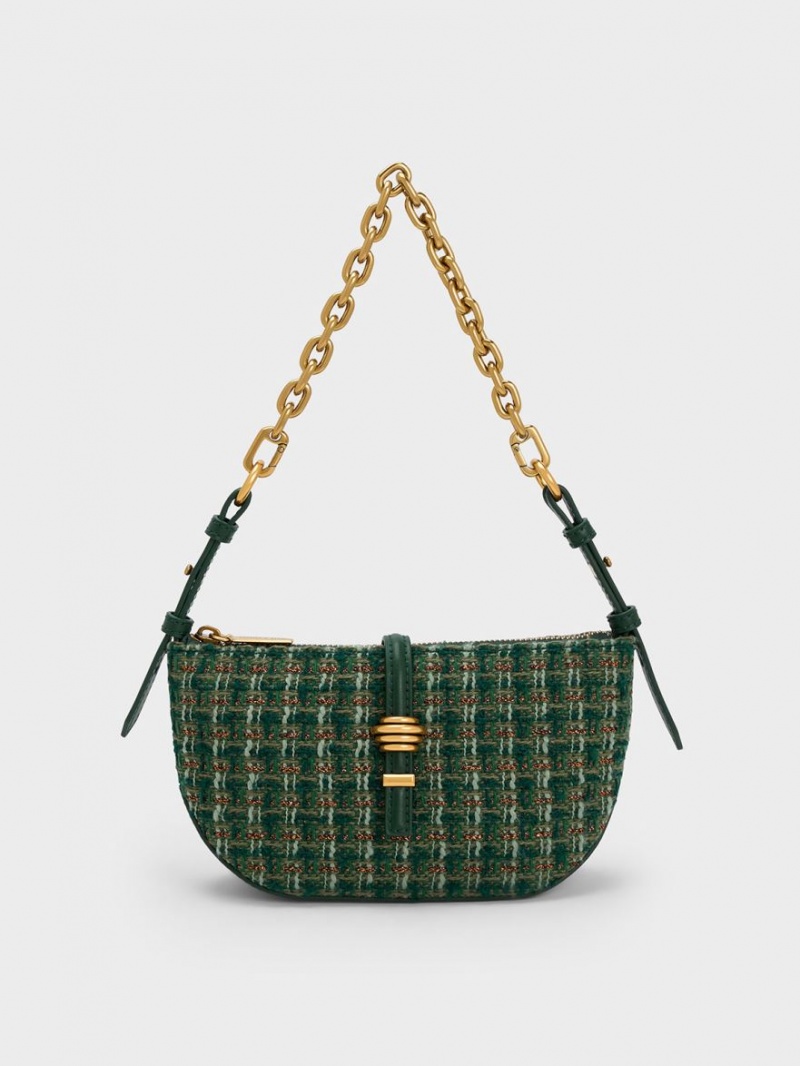 Charles & Keith Trudy Tweed Belted Geometric Schultertaschen Dunkelgrün | 930JLZXNU