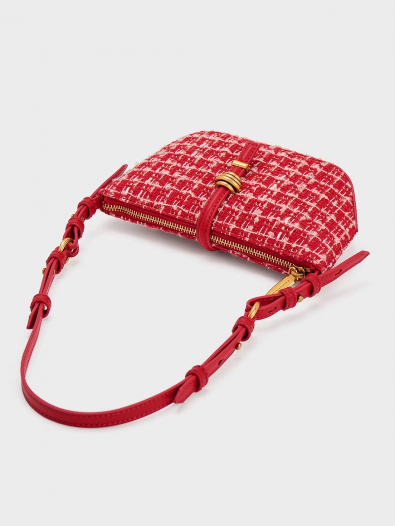 Charles & Keith Trudy Tweed Belted Geometric Schultertaschen Rot | 358CRTGDS