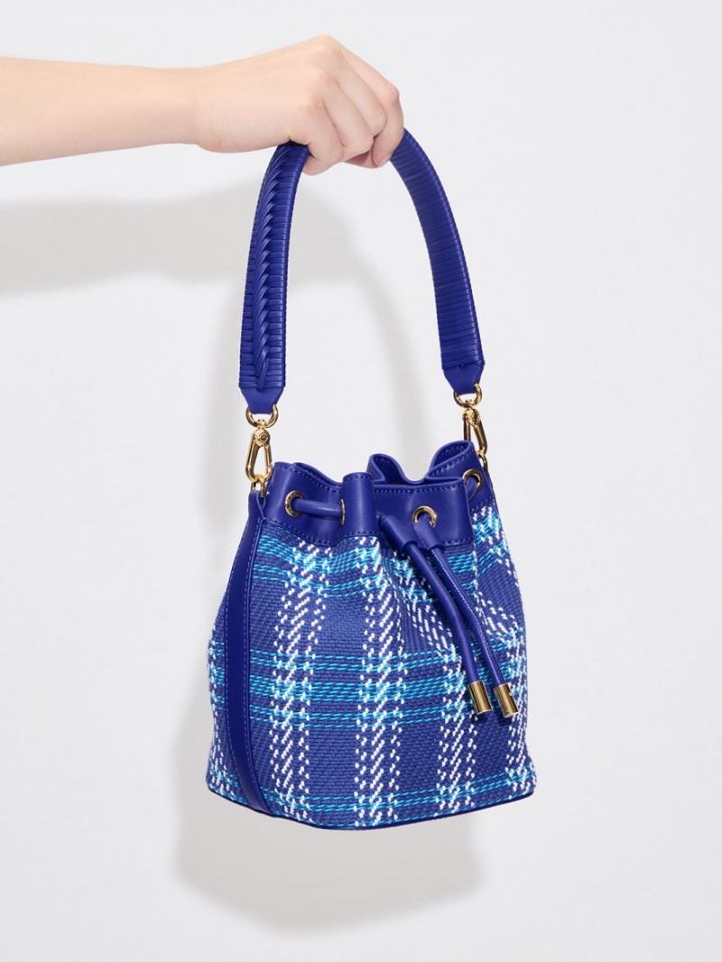 Charles & Keith Tweed Braided-Handle Drawstring Bucket Tasche Blau | 651BZCRIA