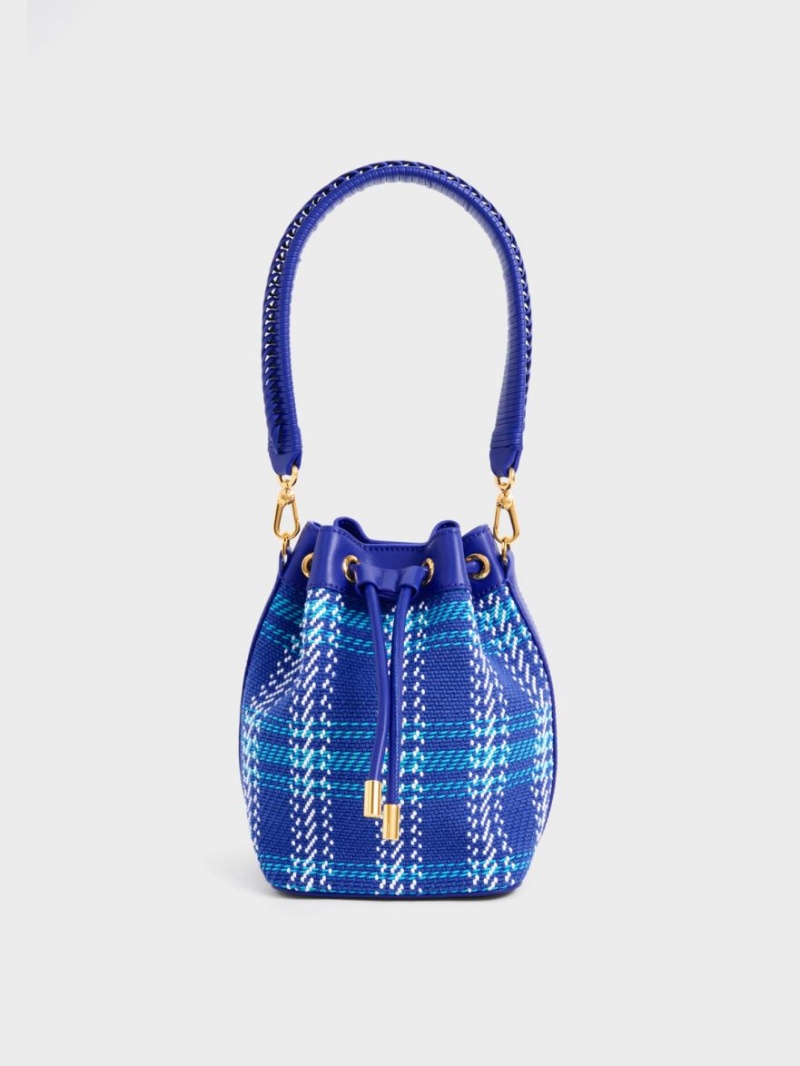 Charles & Keith Tweed Braided-Handle Drawstring Bucket Tasche Blau | 651BZCRIA