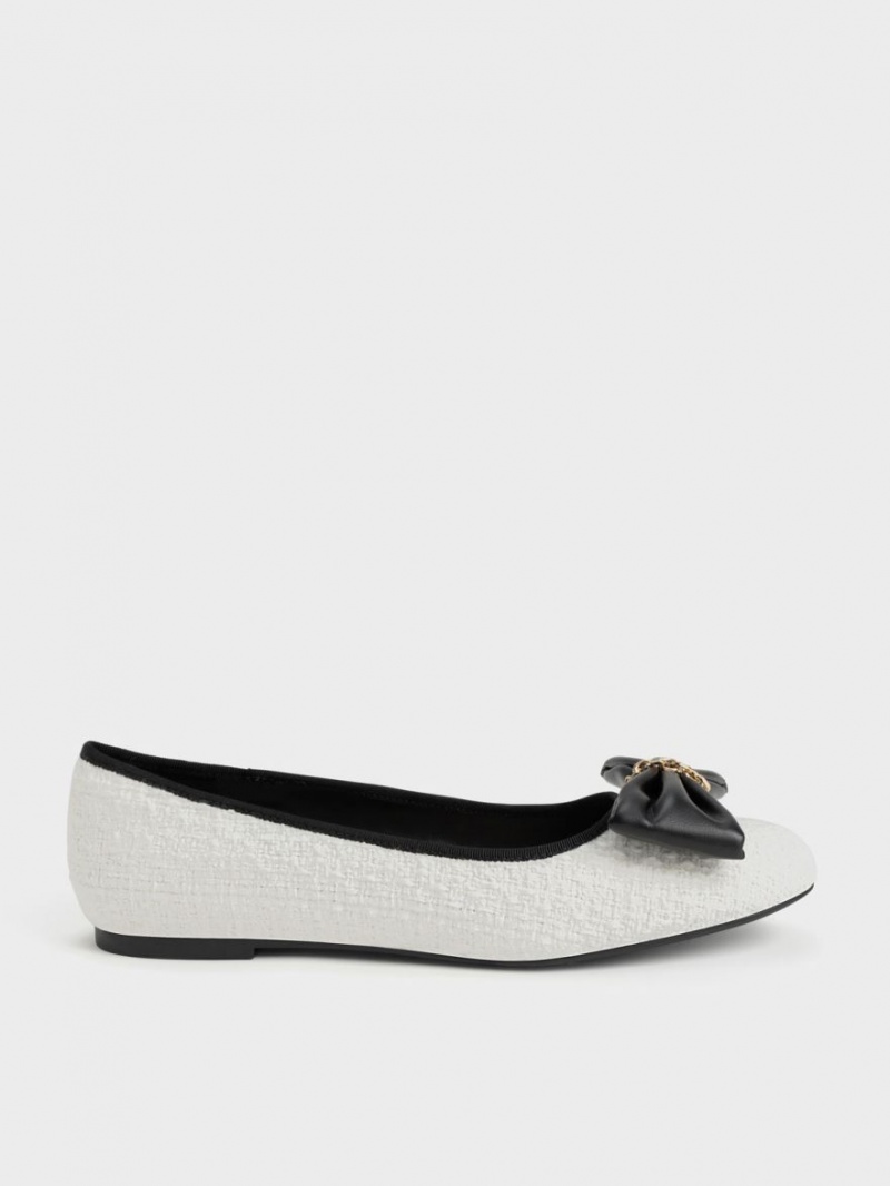 Charles & Keith Tweed Chain-Link Bow Ballerinas Weiß | 076RECSIO