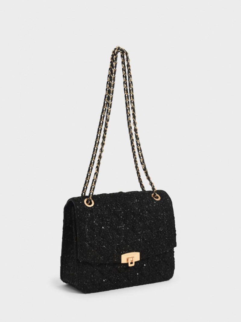 Charles & Keith Tweed Chain Riemen Schultertaschen Schwarz | 315JWVYBK