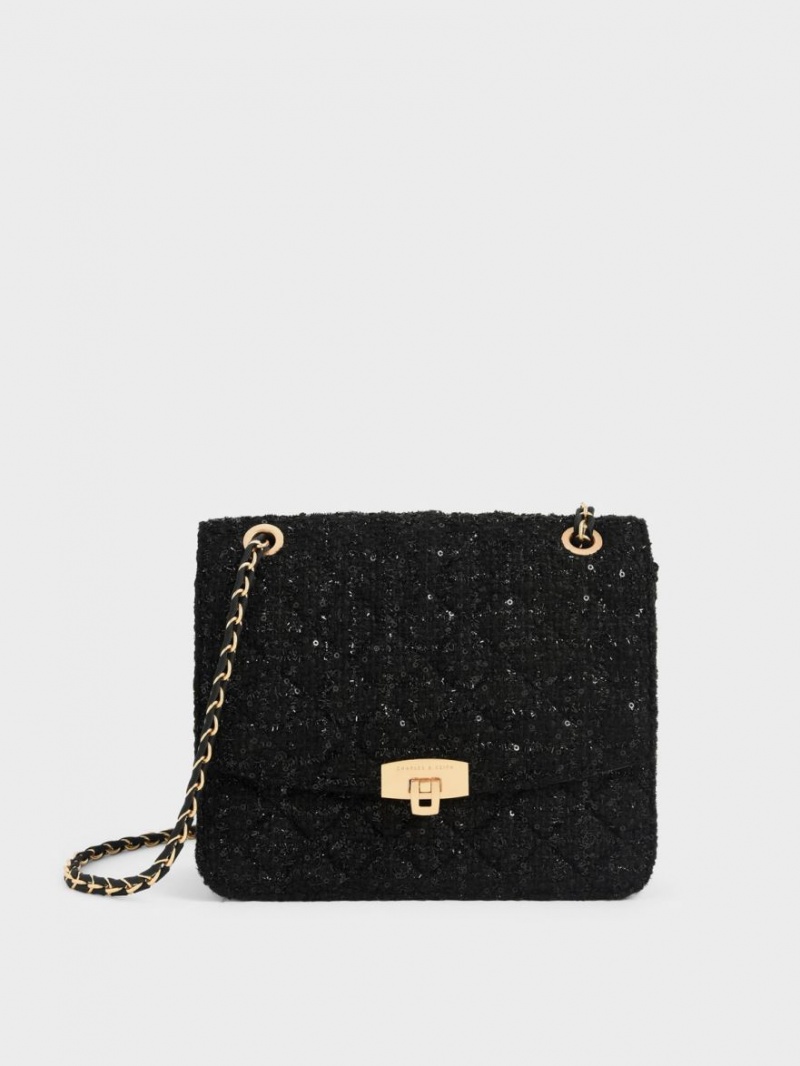 Charles & Keith Tweed Chain Riemen Schultertaschen Schwarz | 315JWVYBK