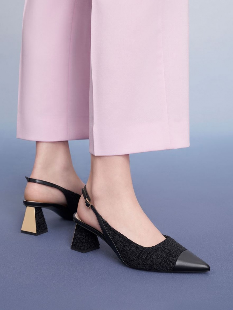 Charles & Keith Tweed Kappe Cap Slingback Pumps Schwarz | 746IQRZGP