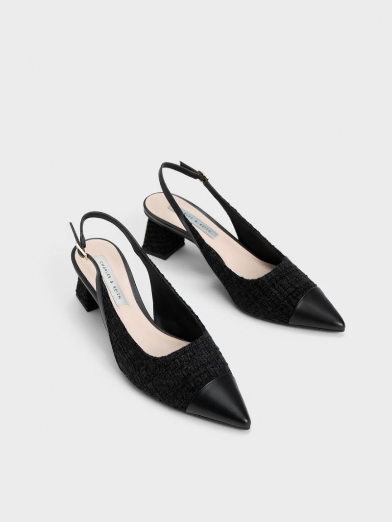 Charles & Keith Tweed Kappe Cap Slingback Pumps Schwarz | 746IQRZGP