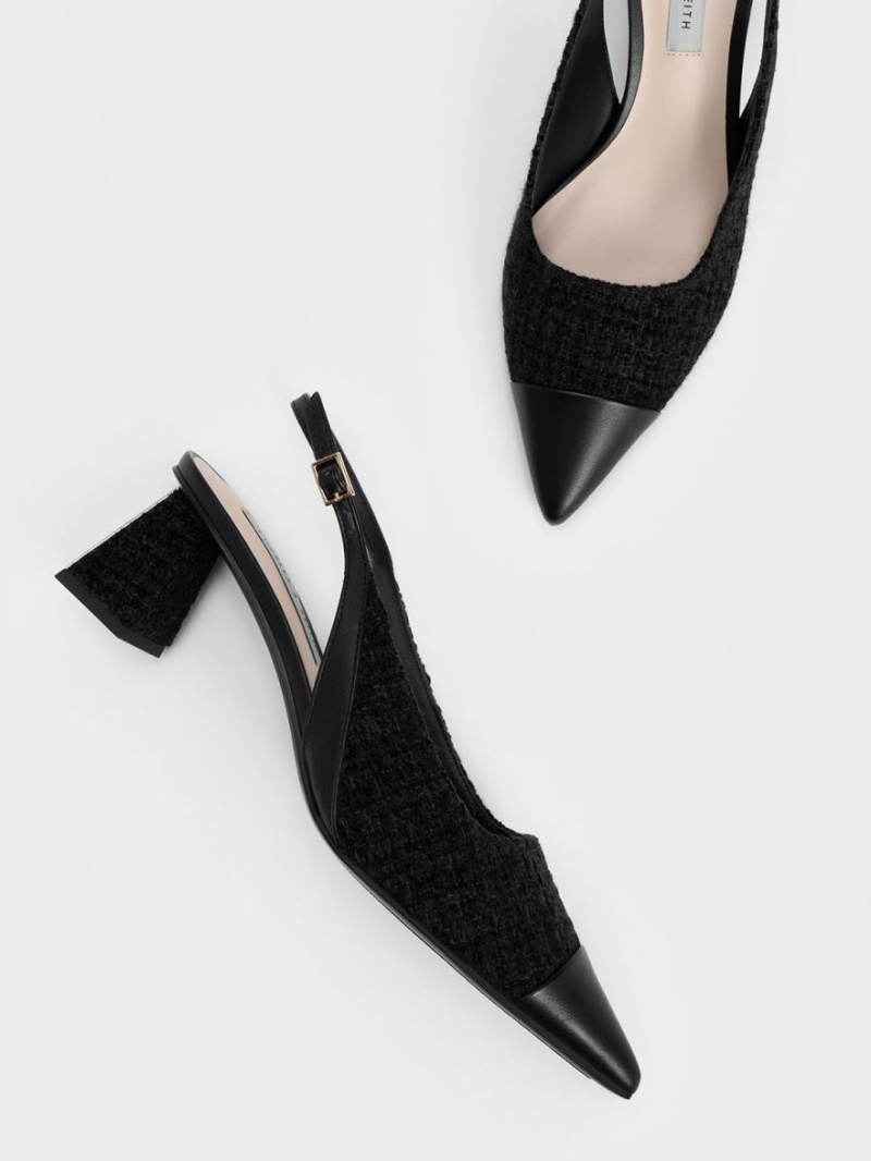 Charles & Keith Tweed Kappe Cap Slingback Pumps Schwarz | 746IQRZGP