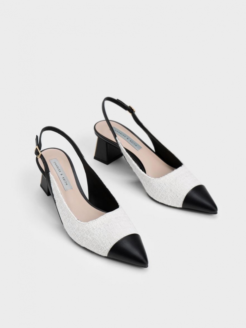 Charles & Keith Tweed Kappe Cap Slingback Pumps Weiß | 987IHSJNT