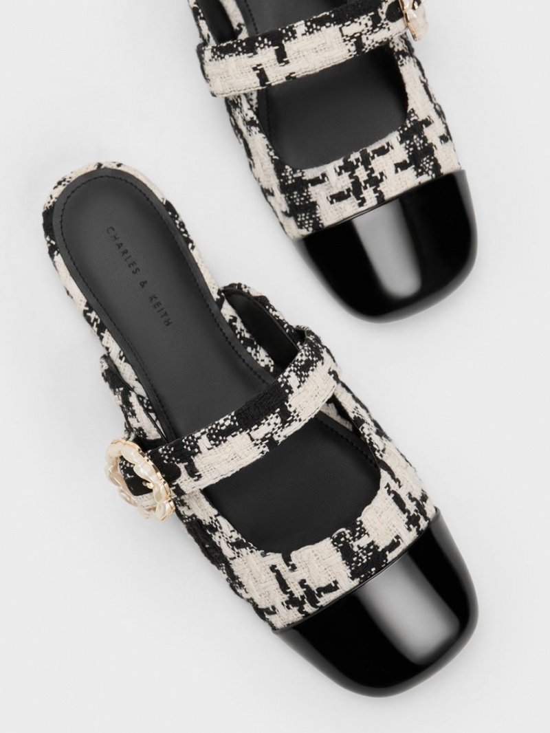 Charles & Keith Tweed Pearl Schnallen Mary Jane Mules Schwarz | 075PGDJLN