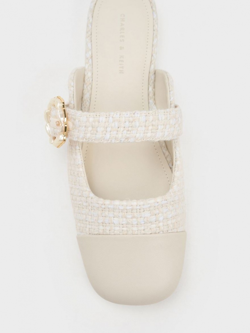 Charles & Keith Tweed Pearl Schnallen Mary Jane Mules Weiß | 937TRSWOU