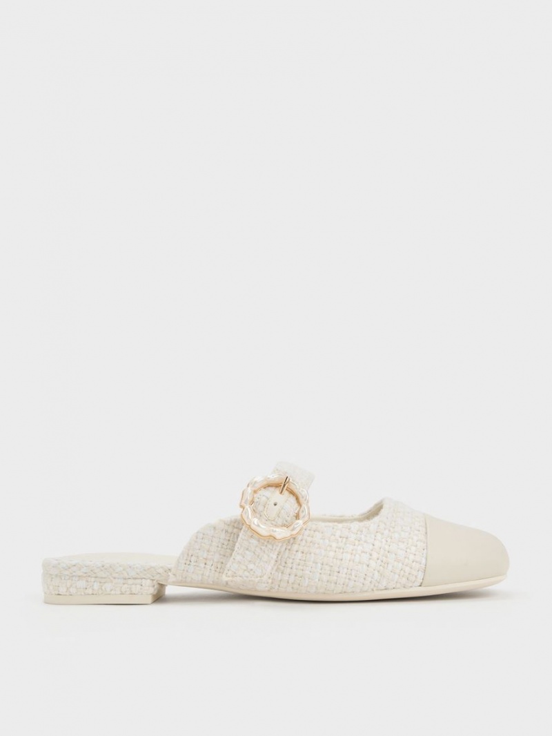 Charles & Keith Tweed Pearl Schnallen Mary Jane Mules Weiß | 937TRSWOU