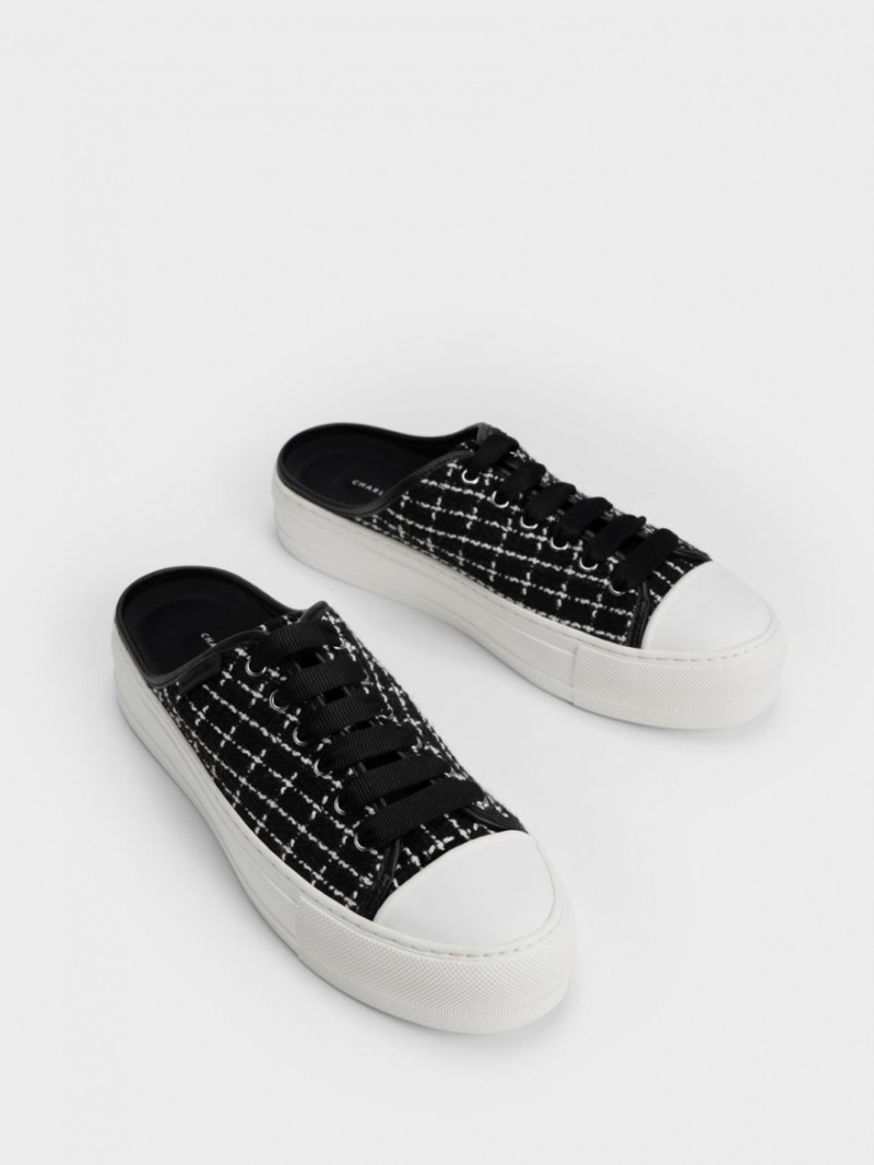 Charles & Keith Tweed Slip On Sneakers Schwarz | 729CTUWZS