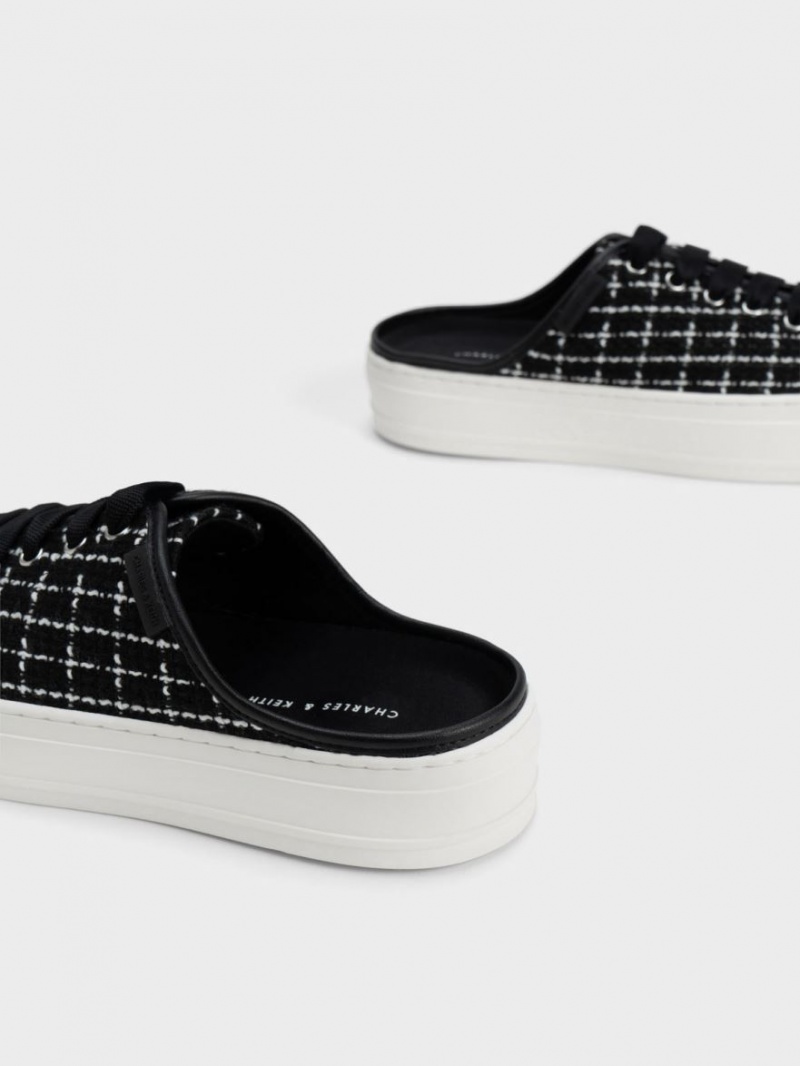 Charles & Keith Tweed Slip On Sneakers Schwarz | 729CTUWZS