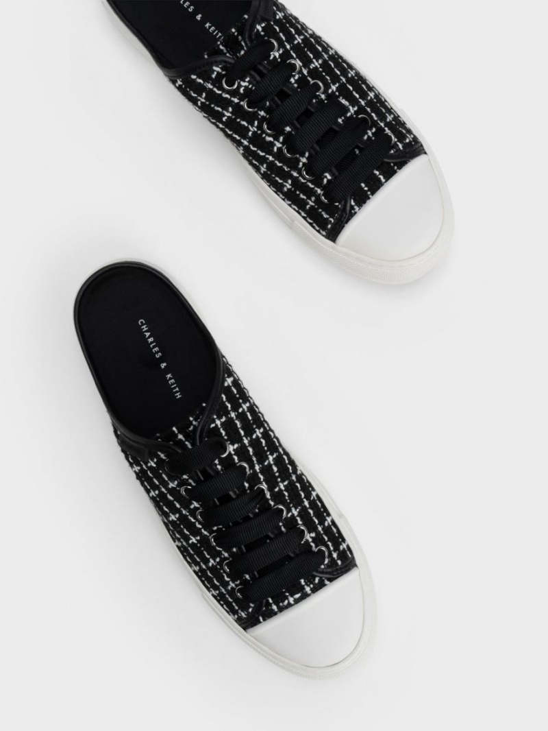 Charles & Keith Tweed Slip On Sneakers Schwarz | 729CTUWZS