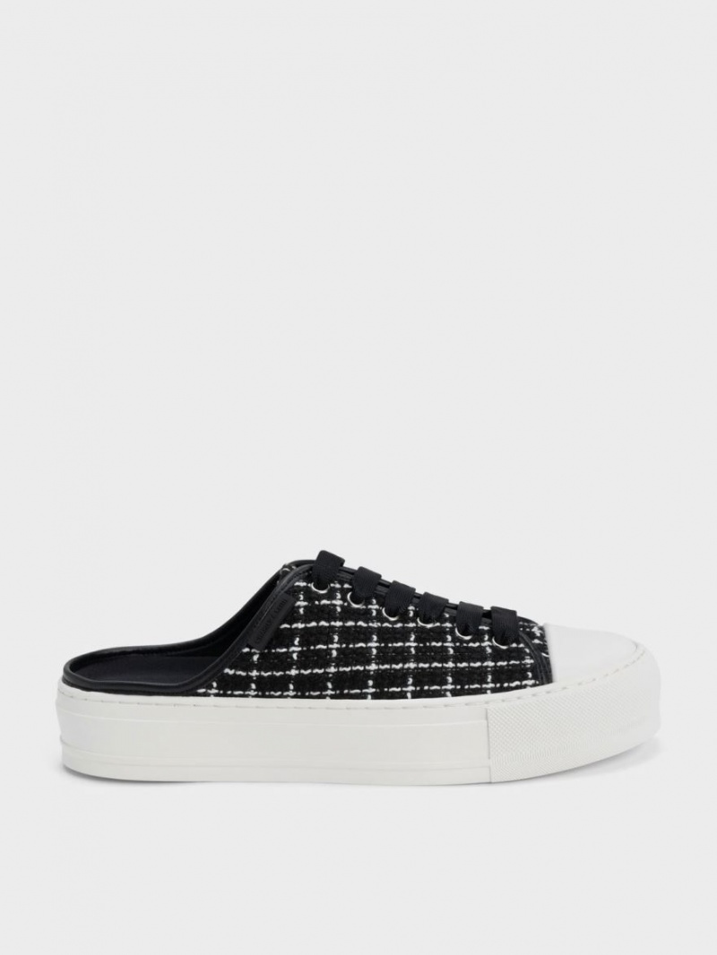 Charles & Keith Tweed Slip On Sneakers Schwarz | 729CTUWZS