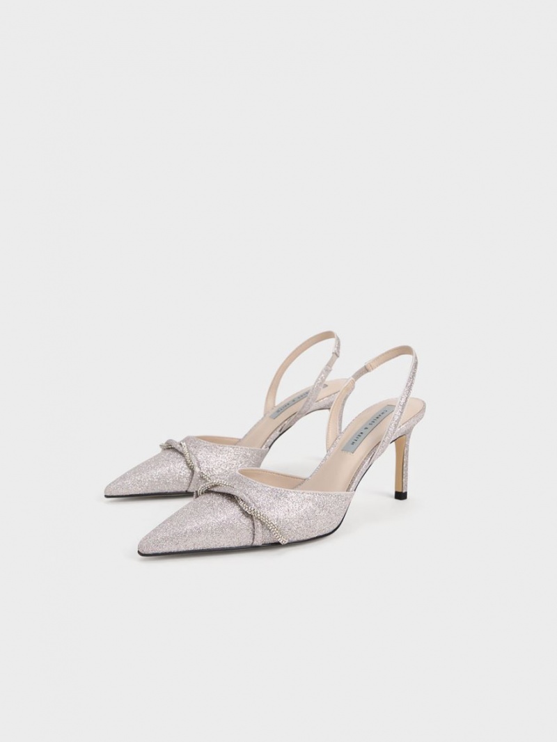 Charles & Keith Twist Detail Glittered Slingback Pumps Silber | 251PTLZCW