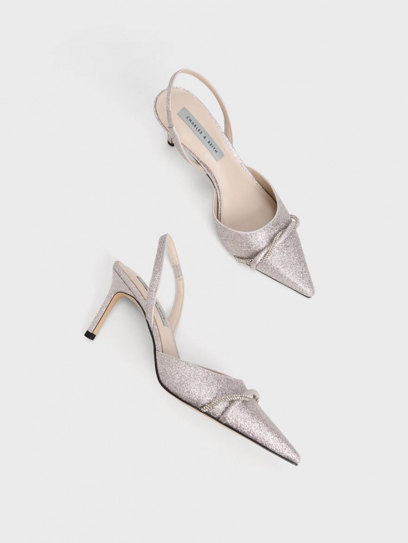 Charles & Keith Twist Detail Glittered Slingback Pumps Silber | 251PTLZCW