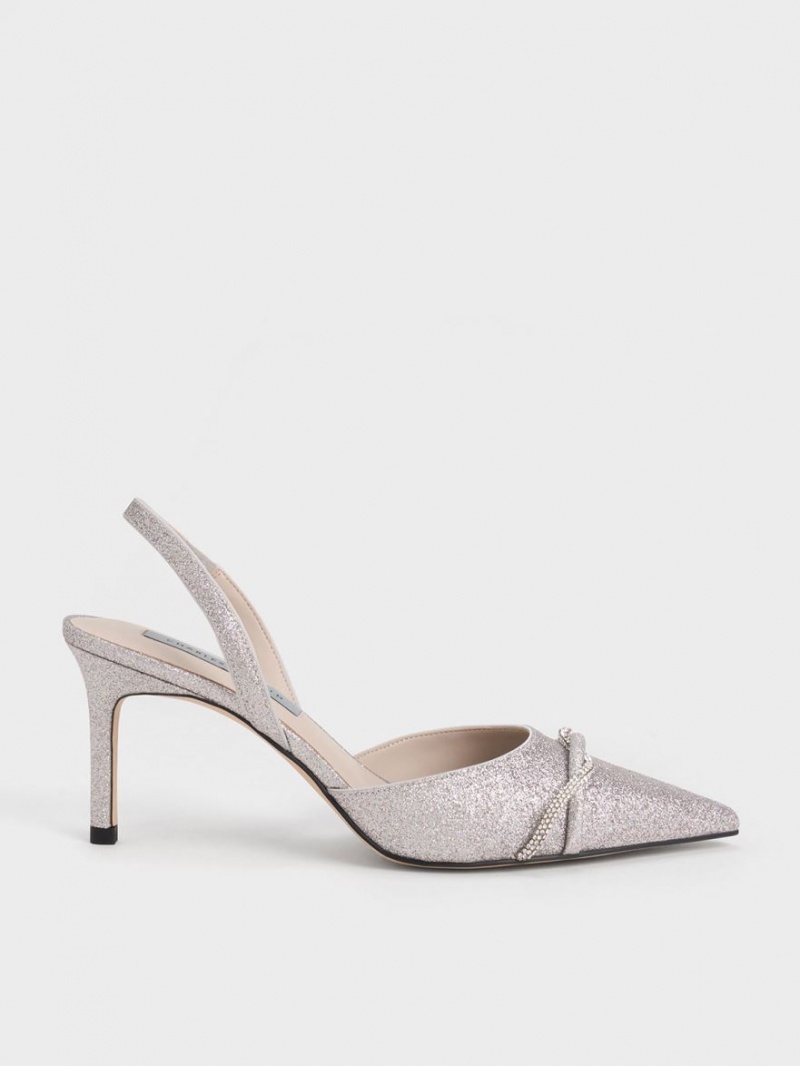 Charles & Keith Twist Detail Glittered Slingback Pumps Silber | 251PTLZCW