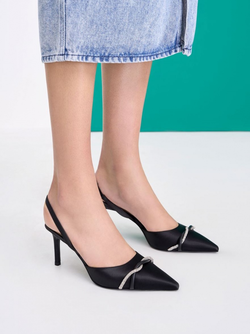 Charles & Keith Twist Detail Satin Slingback Pumps Schwarz | 791IUXFPD