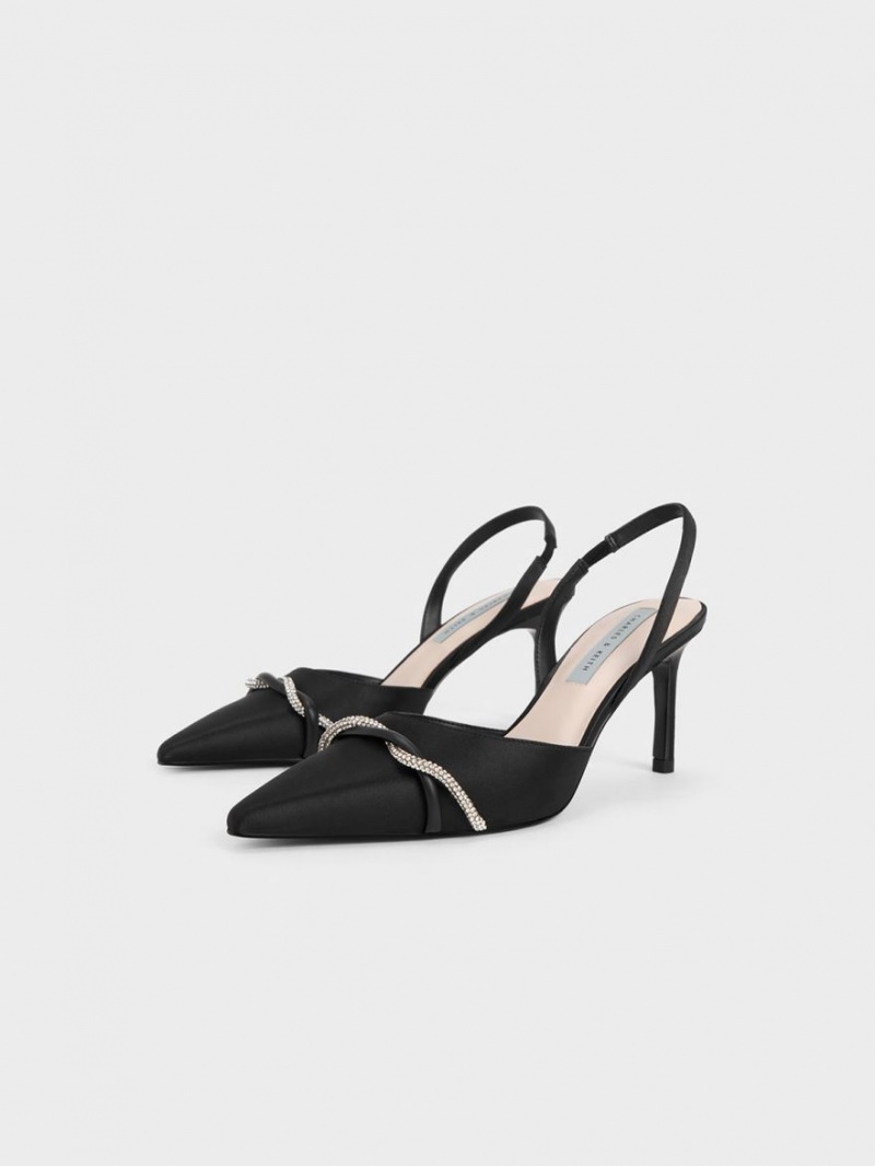 Charles & Keith Twist Detail Satin Slingback Pumps Schwarz | 791IUXFPD