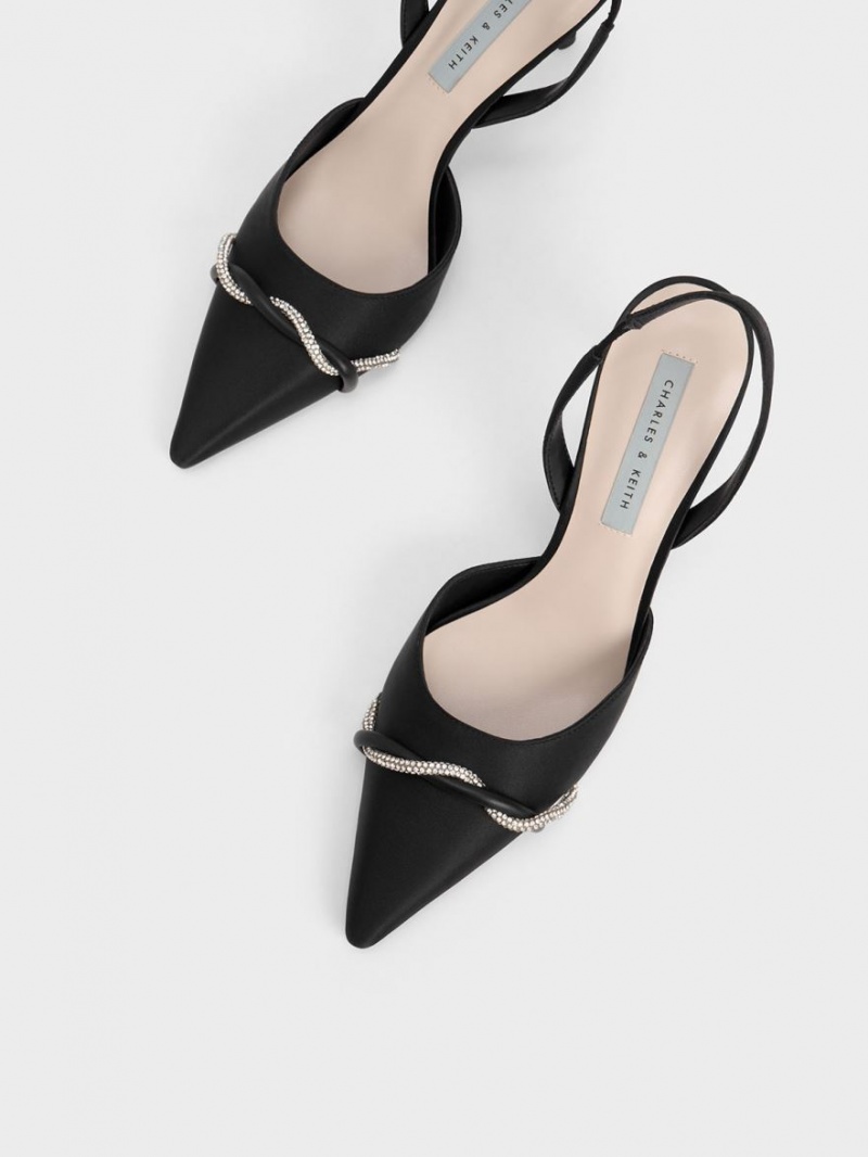 Charles & Keith Twist Detail Satin Slingback Pumps Schwarz | 791IUXFPD