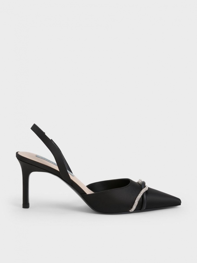 Charles & Keith Twist Detail Satin Slingback Pumps Schwarz | 791IUXFPD