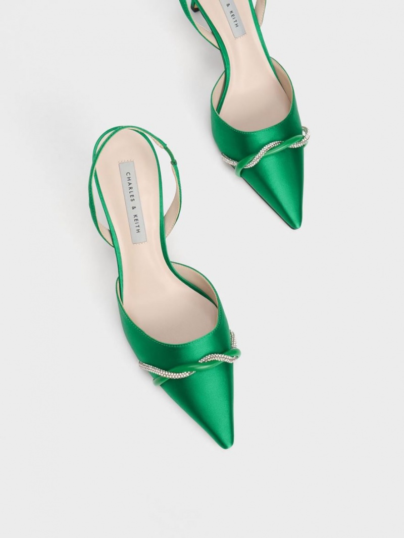 Charles & Keith Twist Detail Satin Slingback Pumps Grün | 850IOERJN