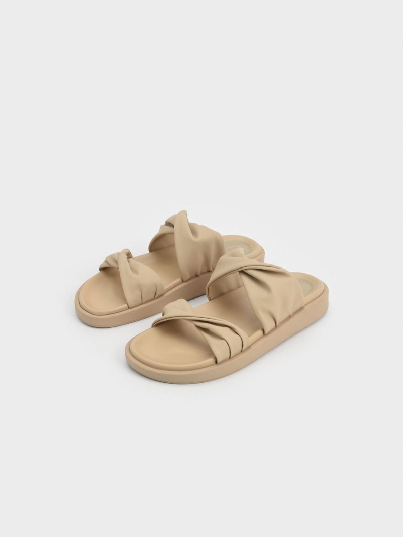 Charles & Keith Twist Riemen Gepolstert Rutschen Sie Sandalen Beige | 104TEWBLK