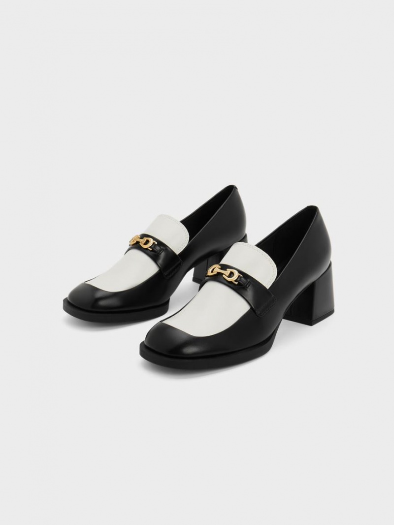 Charles & Keith Two-Tone Metallic Accent Block Heel Loafer Pumps Schwarz | 590PBHMAR