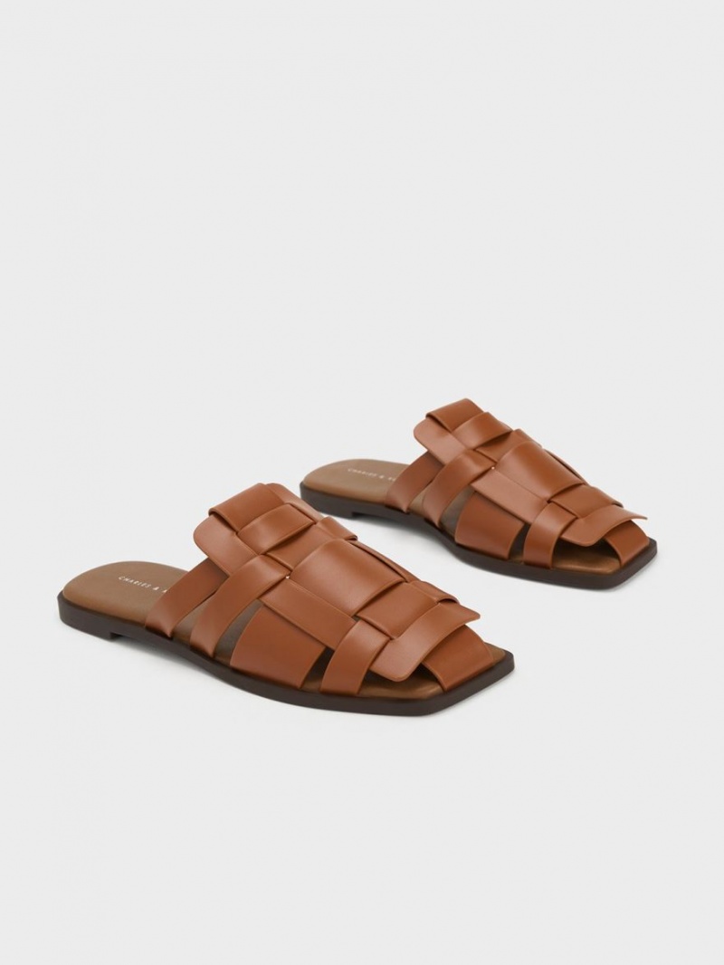 Charles & Keith Woven Flache Mules Braun | 083IWXGQP