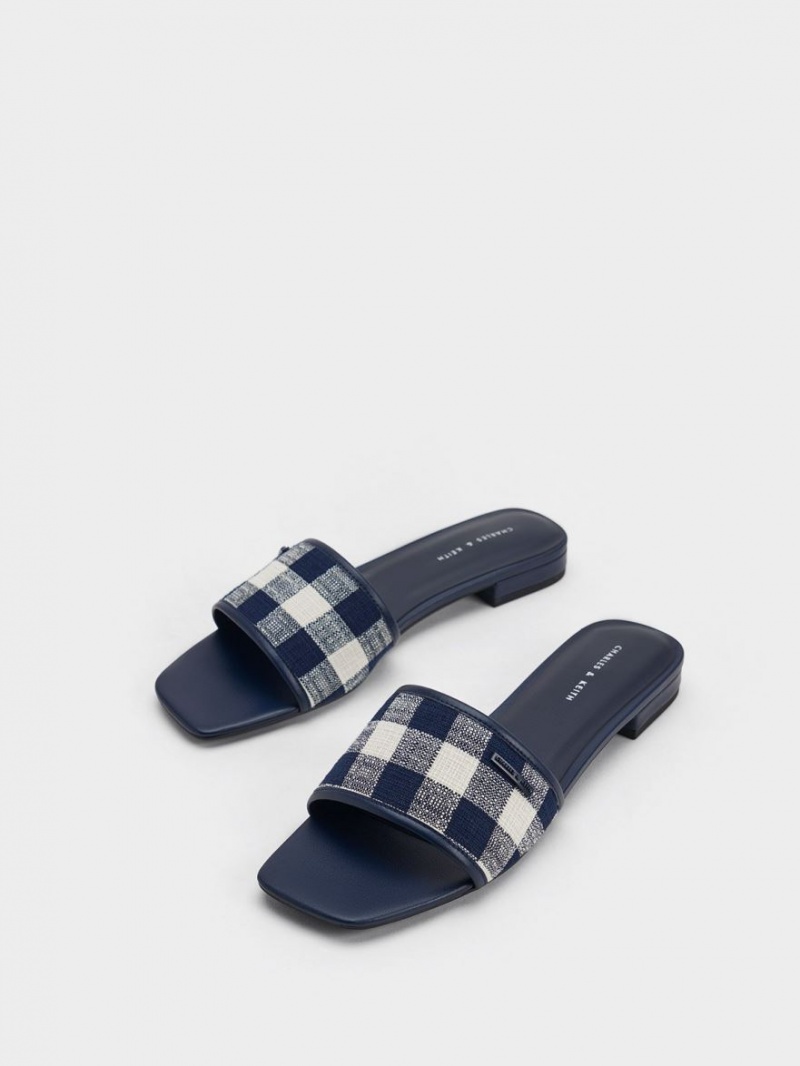 Charles & Keith Woven Gingham Sandalen Flach Dunkelblau | 469LXCYRI