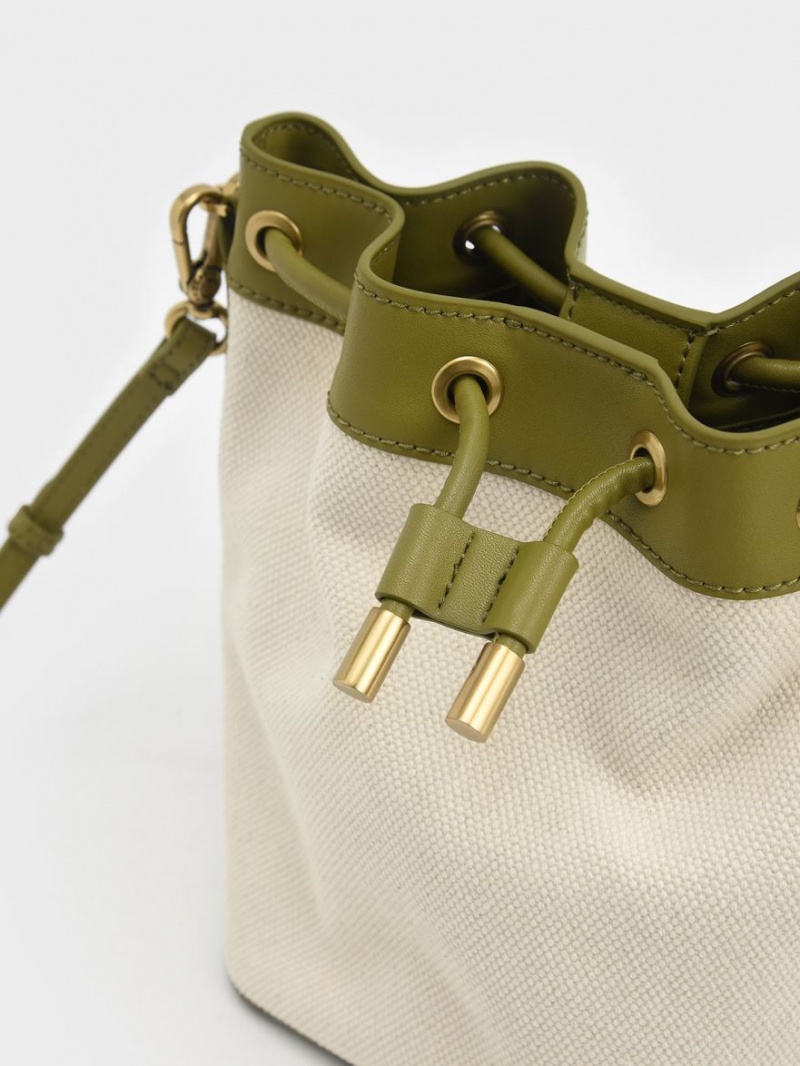 Charles & Keith Woven Handle Canvas Bucket Tasche Olivgrün Weiß | 871FOKCDL