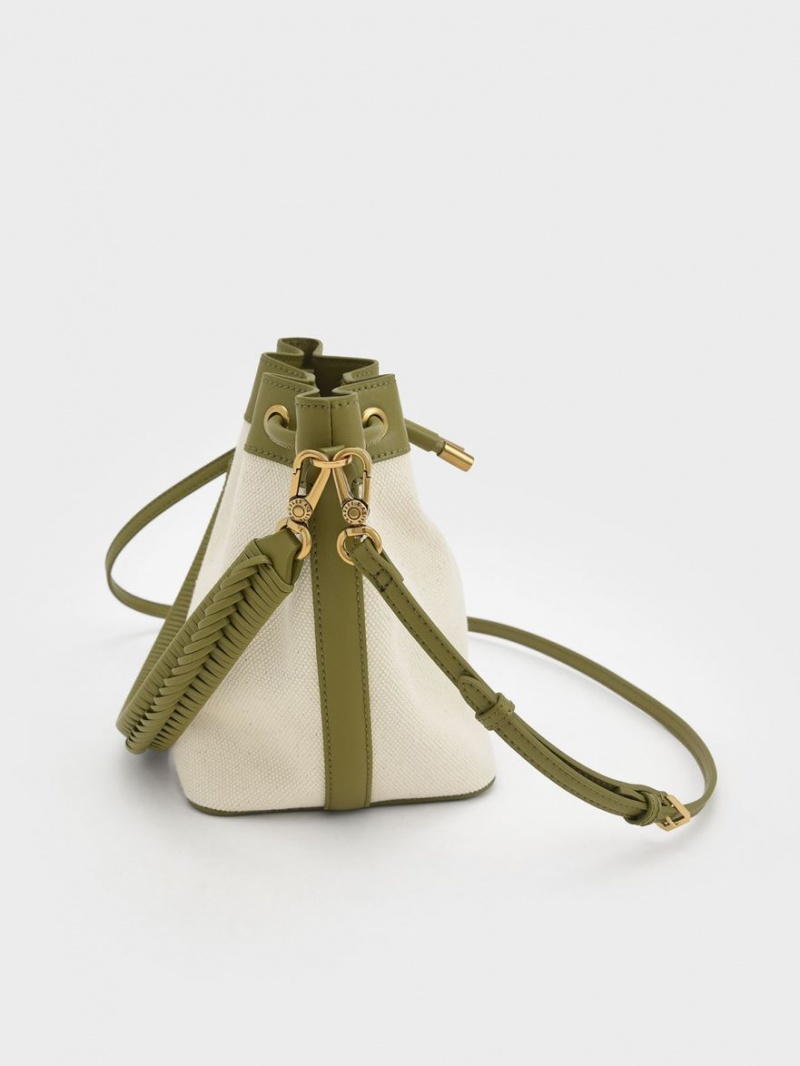 Charles & Keith Woven Handle Canvas Bucket Tasche Olivgrün Weiß | 871FOKCDL