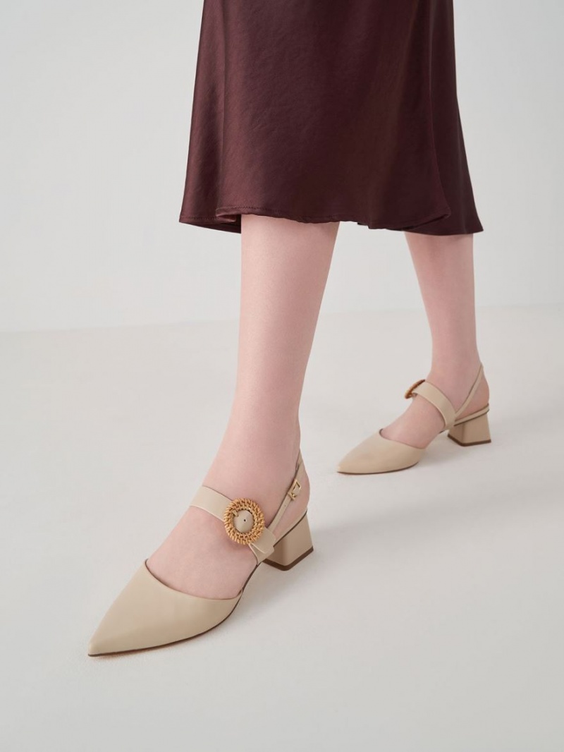 Charles & Keith Woven Schnallen Slingback Absatz Pumps Beige | 945TYEAIF