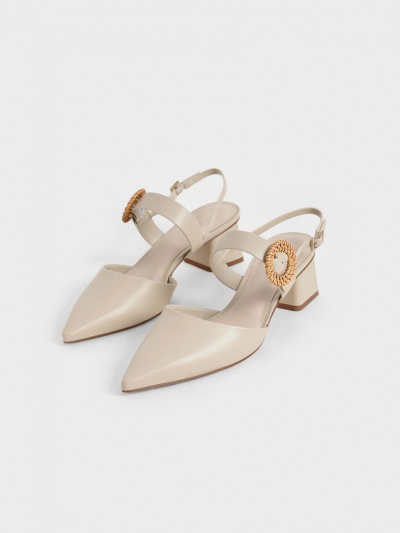 Charles & Keith Woven Schnallen Slingback Absatz Pumps Beige | 945TYEAIF