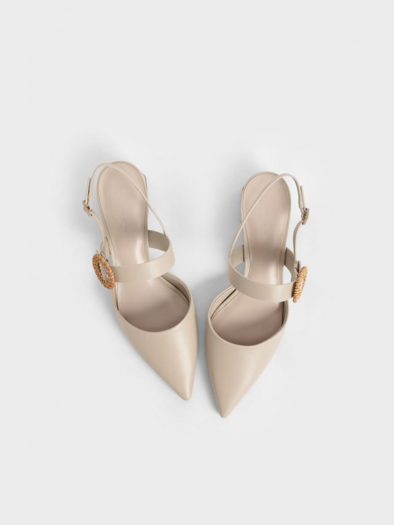 Charles & Keith Woven Schnallen Slingback Absatz Pumps Beige | 945TYEAIF