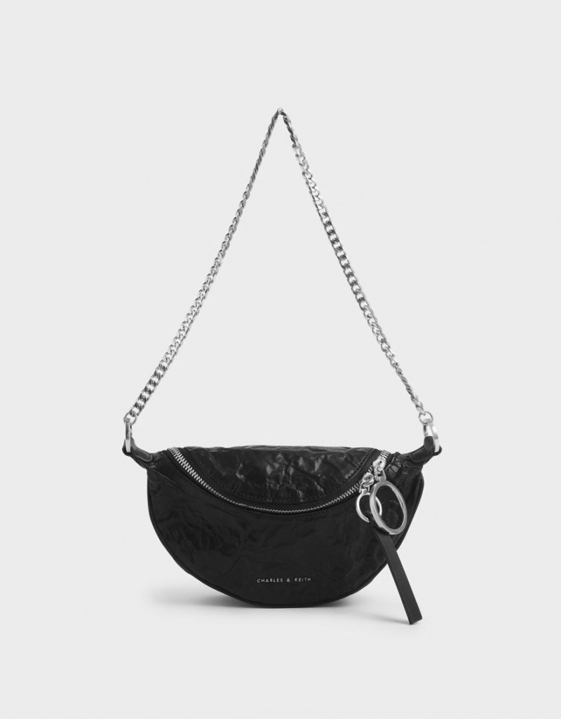 Charles & Keith Wrinkled Effect Ring Zip Tassel Crossbody Taschen Schwarz | 634XSTYOB