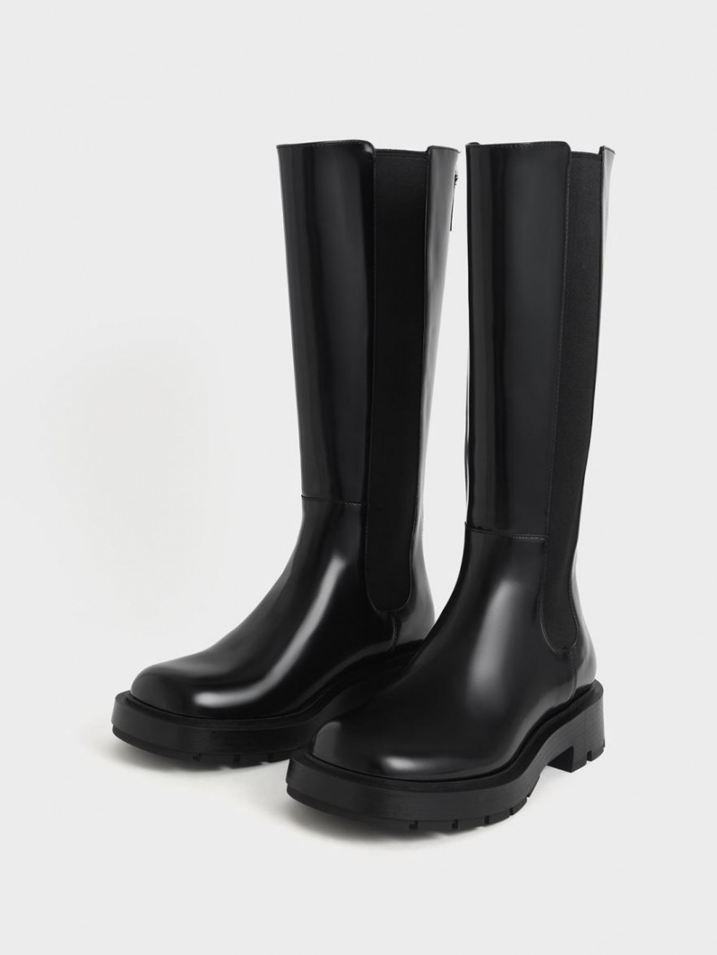 Charles & Keith Zip-Up Chelsea Kniehohe Stiefel Schwarz | 196JULYRA