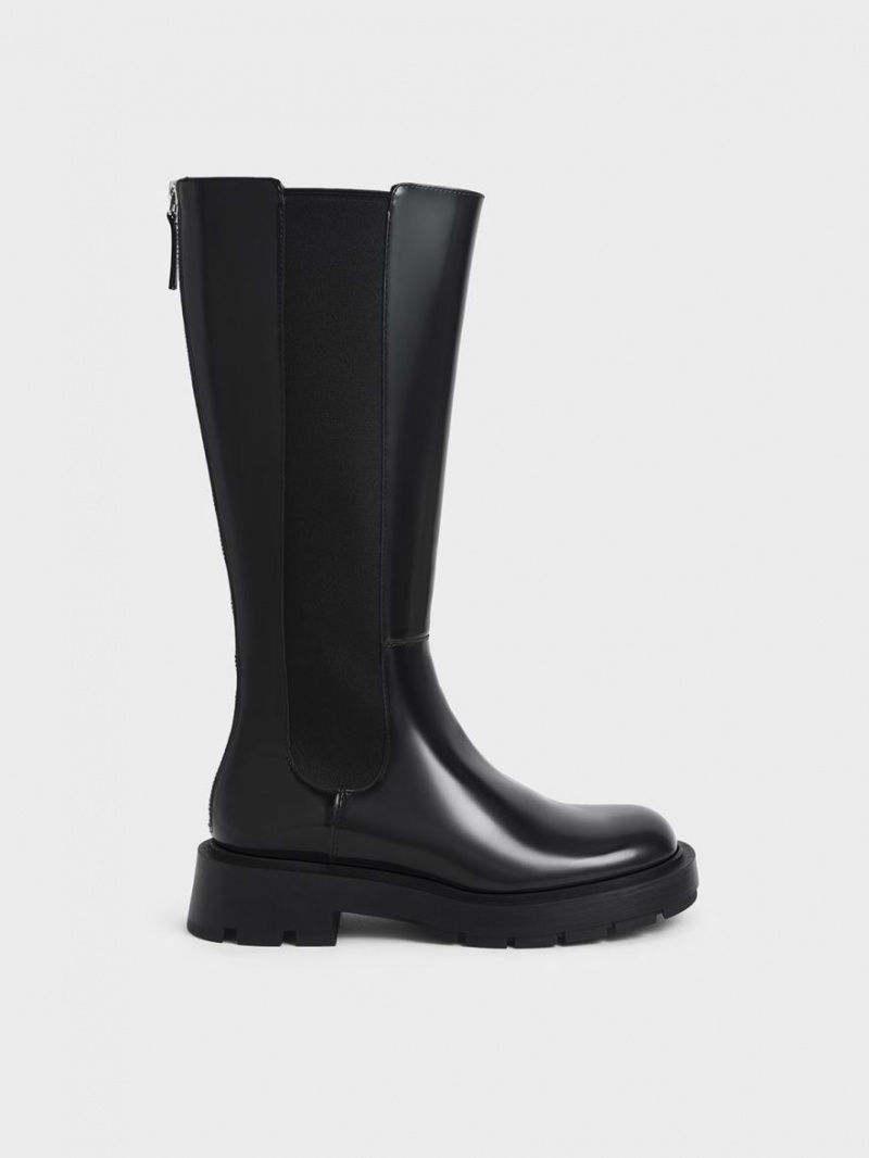 Charles & Keith Zip-Up Chelsea Kniehohe Stiefel Schwarz | 196JULYRA