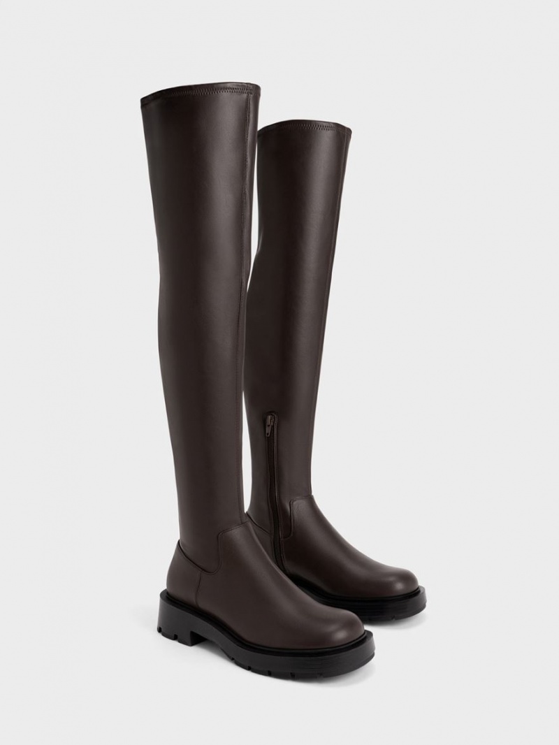 Charles & Keith Zip-Up Thigh Hohe Stiefel Dunkelbraun | 269BDKQZI