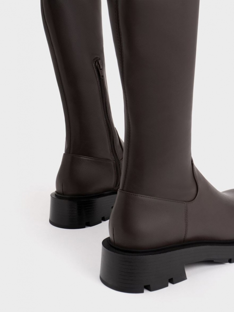 Charles & Keith Zip-Up Thigh Hohe Stiefel Dunkelbraun | 269BDKQZI